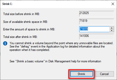 Windows disk management shrink volume 2